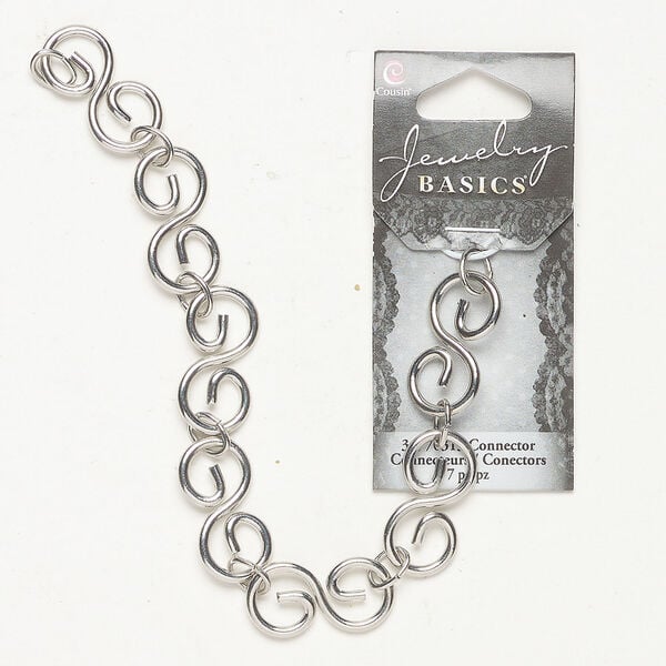 Connector 1pkg7, silver-finished steel, 24x12mm "S" with 5mm jump ring spacer. image number 0