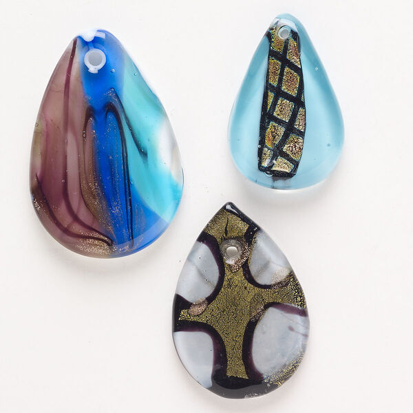 Random focal mix, lampworked glass, pkg/3, translucent mixed colors with silver-colored foil and copper-colored glitter, 39x25mm-51x40mm random flat teardrop. image number 0