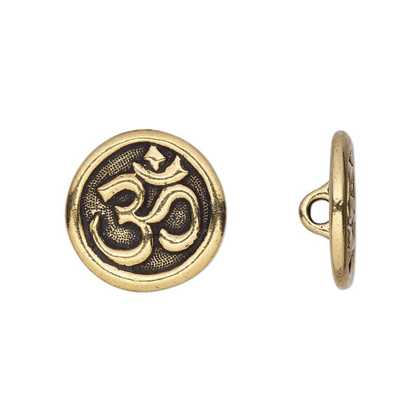 Button, TierraCast®, antique gold-plated pewter (tin-based alloy), 17mm flat round with Om symbol and closed loop. Sold per pkg of 2. image number 0