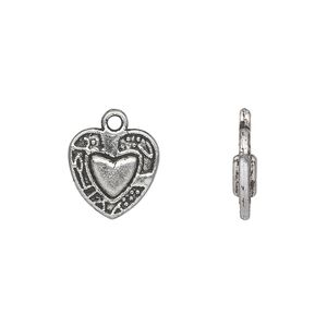 Charm, antique silver-plated "pewter" (zinc-based alloy), 12x12mm double-sided fancy heart with heart in center and fancy border. Sold per pkg of 50.