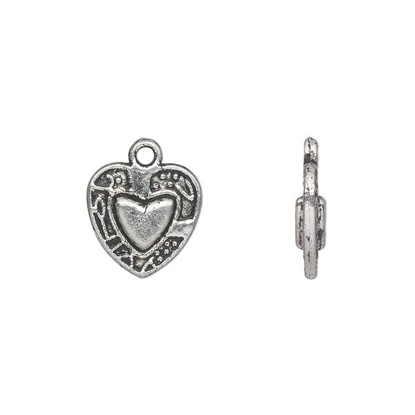 Charm, antique silver-plated "pewter" (zinc-based alloy), 12x12mm double-sided fancy heart with heart in center and fancy border. Sold per pkg of 50. image number 0