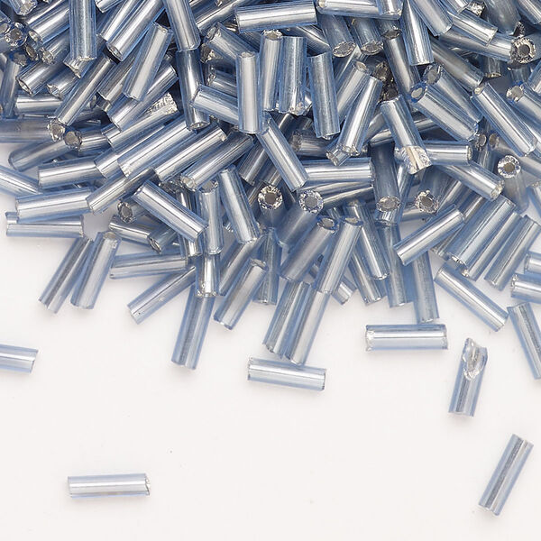 Bead, Ming Tree™, bugle bead, glass, pkg/1/4 pound, 1/4 inch, silver-lined translucent grey/blue. image number 0