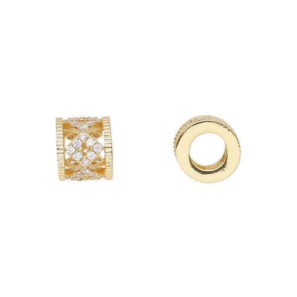 Bead, cubic zirconia and gold-finished brass, clear, 9.5x8mm cylinder with cutout diamond design. Sold individually. image number 0