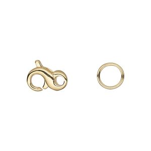 Clasp lobster claw 1pkg4 gold-plated, 12x7mm infinity / 8mm closed jump ring, brass 1-strand