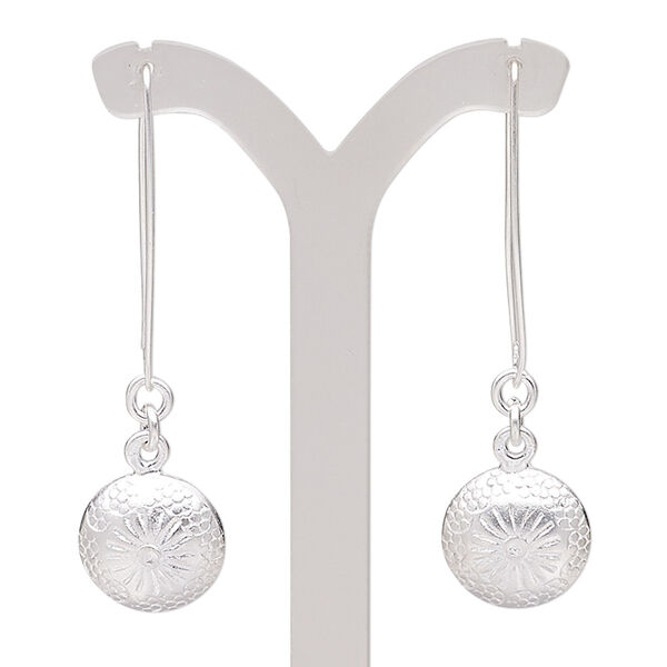 Earring, Hill Tribes, silver-plated copper, 2-1/4 inches with domed round and flower design with ear wire. Sold per pair. image number 0