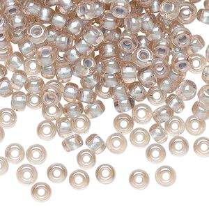 Seed bead, Miyuki, glass, pkg/250g, #6 rocaille, translucent light blue-lined pearlized pink, (RR-4615).