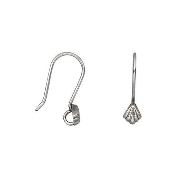 Ear wire fishhook 1pkg2 sterling silver, 18mm / 5mm shell / open loop, 18-20 gauge antiqued 1 pair image number 0