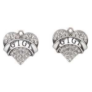 Charm, antique silver-finished enamel "pewter" (zinc-based alloy) and glass, clear and black, 24x23mm heart with "Gigi". Sold per pkg of 2.