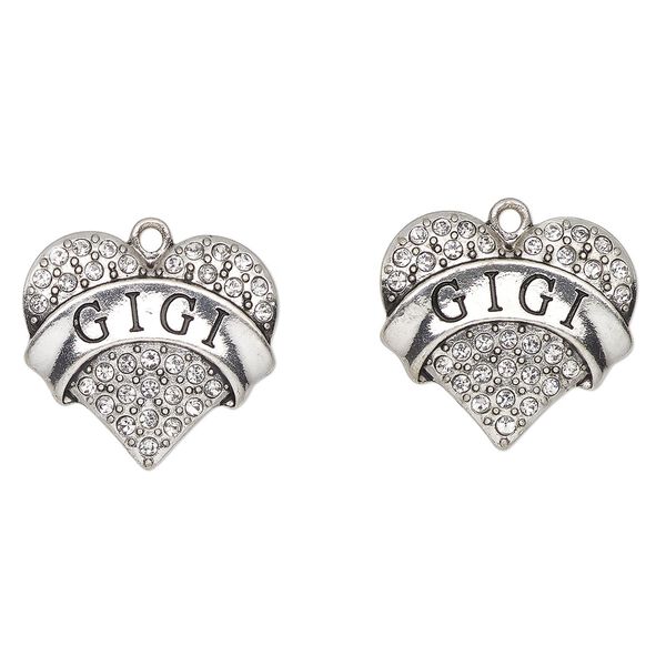 Charm, antique silver-finished enamel "pewter" (zinc-based alloy) and glass, clear and black, 24x23mm heart with "Gigi". Sold per pkg of 2. image number 0