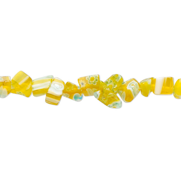 Bead, millefiori glass, translucent golden yellow and multicolored, small chip. Sold per 34-inch strand. image number 0