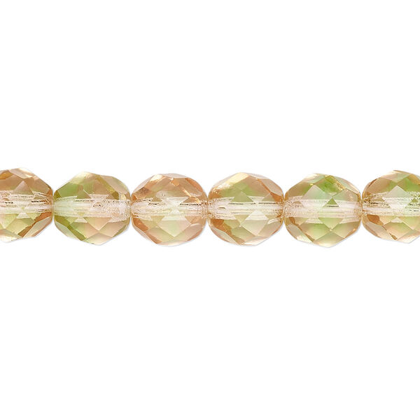 Bead, Czech fire-polished glass, green and pink, 8mm faceted round. Sold per 15-1/2" to 16" strand, approximately 50 beads. image number 0