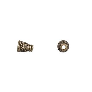 Cone, antique brass-finished "pewter" (zinc-based alloy), 7x5mm with pattern, fits 4mm bead. Sold per pkg of 24.