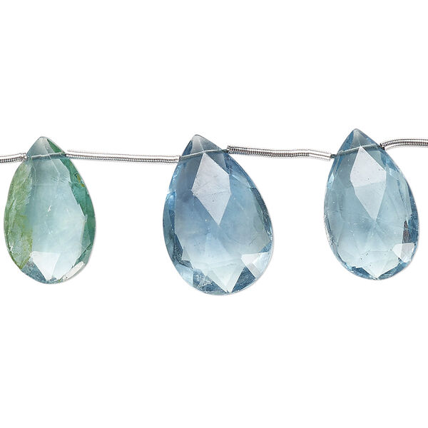 Bead, blue-green fluorite (natural), 13x10mm-18x13mm graduated hand-cut top-drilled faceted puffed teardrop, B grade, Mohs hardness 4. Sold per pkg of 5 beads. image number 0