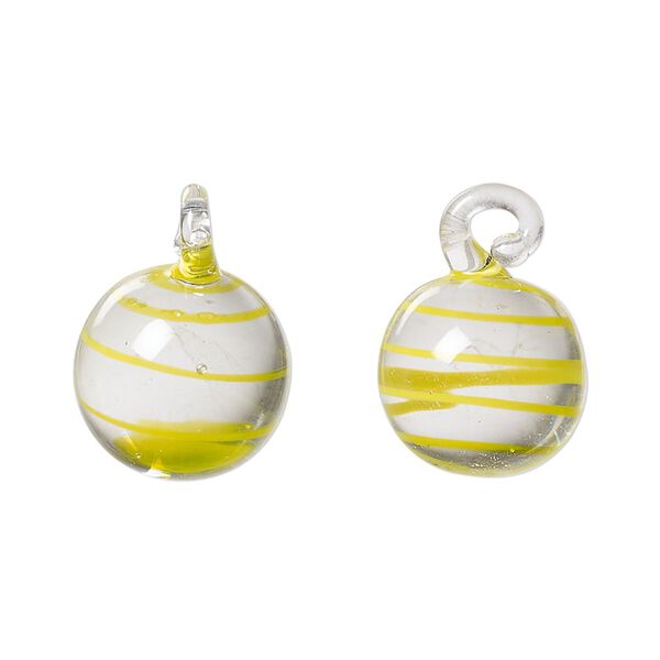 Drop, lampworked glass, yellow and clear, swirl, 14mm round. Sold per pkg of 2. image number 0