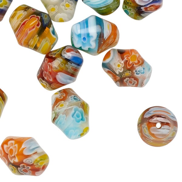 Bead 1pkg1 millefiori glass, opaque and translucent mixed colors, 11x9mm-12x10mm double cone, 2 ounce. image number 0