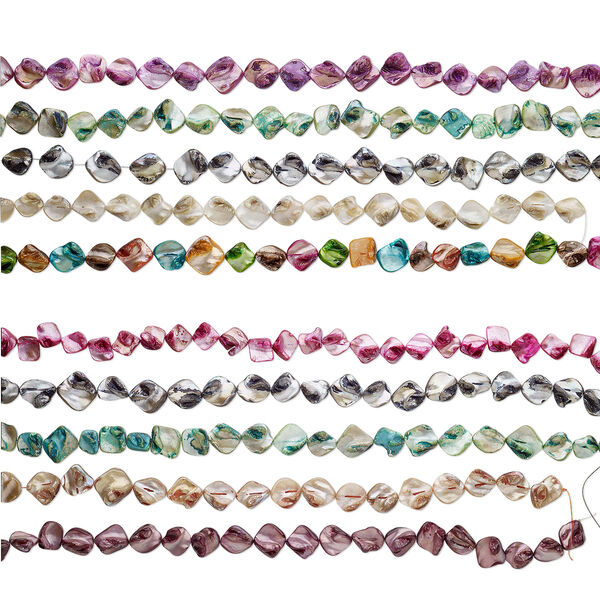 Bead mix, mother-of-pearl shell (natural / bleached / dyed), mixed colors, medium to large diagonally drilled nugget, Mohs hardness 3-1/2. Sold per pkg of (5) 14- to 16-inch strands. image number 0