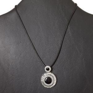Necklace, antiqued silver-finished "pewter" (zinc-based alloy) / resin / glass rhinestone / leather (dyed), black and clear, 29mm flat round, 15" to 16" necklace with lobster claw clasp and 3-inch extender chain. Sold individually.