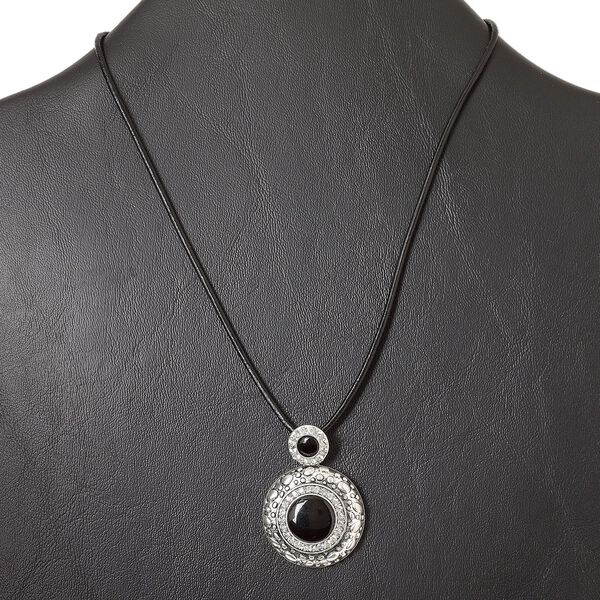 Necklace, antiqued silver-finished "pewter" (zinc-based alloy) / resin / glass rhinestone / leather (dyed), black and clear, 29mm flat round, 15" to 16" necklace with lobster claw clasp and 3-inch extender chain. Sold individually. image number 0