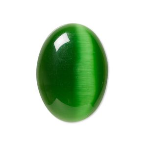 Cabochon, cat's eye glass (fiber optic glass), green, 30x22mm calibrated oval, quality grade. Sold per pkg of 2.
