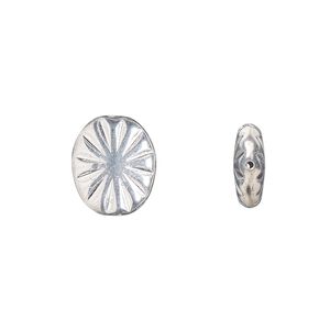 Bead, Preciosa, Czech pressed glass, opaque metallic silver, 14x11mm fluted flat oval. Sold per pkg of 10.