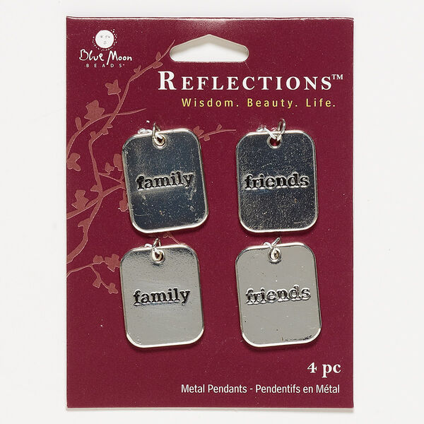 Drop, antique silver-finished "pewter" (zinc-based alloy), 25x20mm rounded rectangle with (2) "family" and (2) "friends." Sold per pkg of 4. image number 0
