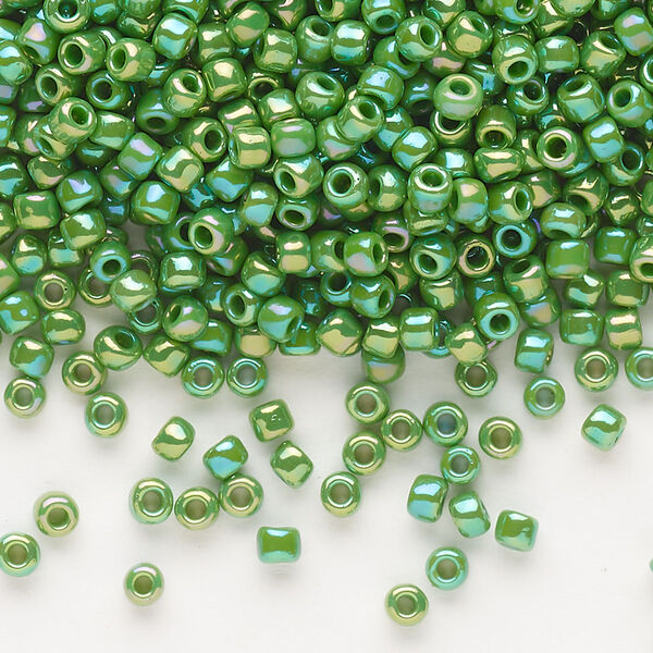 Seed bead, Dyna-Mites™, glass, opaque rainbow jade green, #8 round. Sold per 40-gram pkg. image number 0