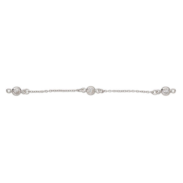 Extender chain, cubic zirconia and rhodium-plated sterling silver, clear, 1.3mm curb with 5mm round and 2 loops, 3 inches. Sold individually. image number 0