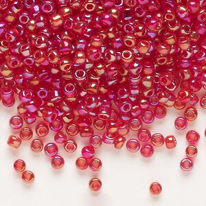 Seed bead, Dyna-Mites™, glass, transparent rainbow ruby red, #8 round. Sold per 1/2 kilogram pkg.