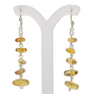 Earring, amber (natural) and 14Kt gold-filled, 53mm with chip and curved kidney ear wire. Sold per pair.