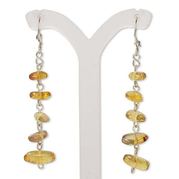 Earring, amber (natural) and 14Kt gold-filled, 53mm with chip and curved kidney ear wire. Sold per pair. image number 0