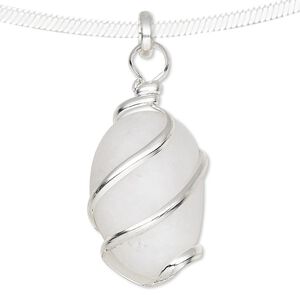 Pendant, white agate (natural) and silver-plated brass, medium to large hand-cut wire-wrapped tumbled nugget. Sold individually.