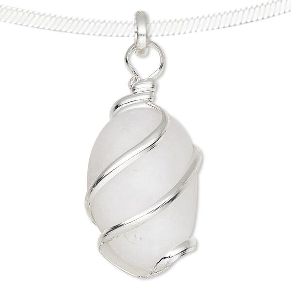 Pendant, white agate (natural) and silver-plated brass, medium to large hand-cut wire-wrapped tumbled nugget. Sold individually. image number 0