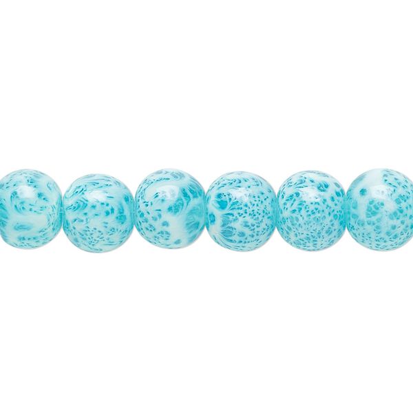 Bead, glass, opaque light blue and white, 7-8mm round with random spotted pattern. Sold per 15-1/2" to 16" strand. image number 0