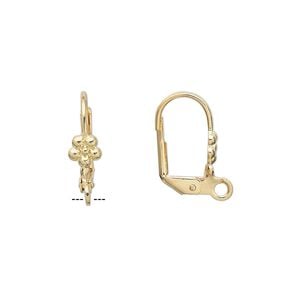 Ear wire leverback 1pkg10 gold-plated, 16mm / 5mm flower / open loop, brass 5 pair