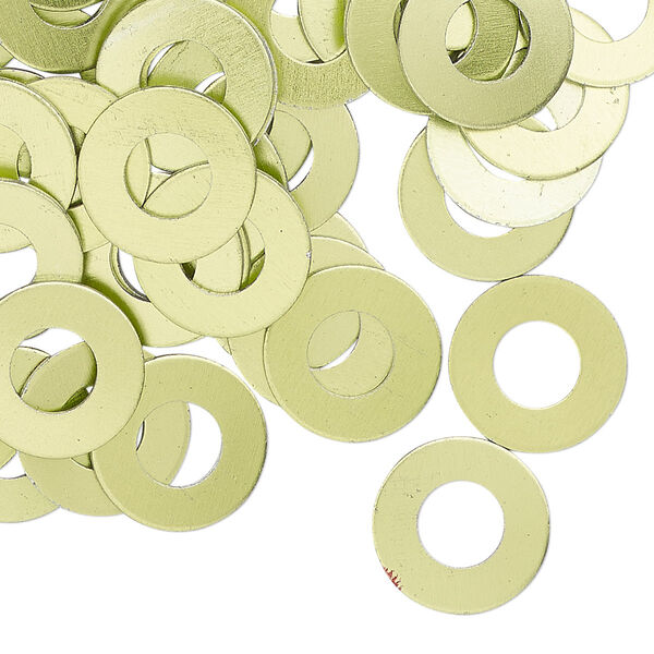 Washer, anodized aluminum, green, 13mm double-sided flat round blank with 6mm hole, 20 gauge. Sold per pkg of 100. image number 0