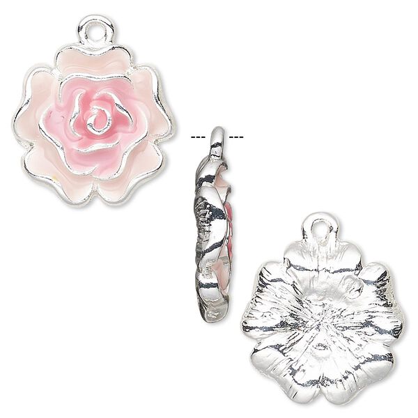 Charm, enamel and silver-finished "pewter" (zinc-based alloy), pink and light pink, 18x17mm flower. Sold per pkg of 2. image number 0