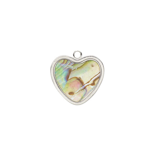 Charm, paua shell (assembled) / resin / imitation rhodium-finished brass, multicolored, 15x14mm double-sided heart. Sold per pkg of 2. image number 0