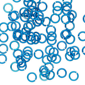 Jump ring 1pkg100 aluminum, 5mm round, 20 gauge / 3.1mm inside diameter / light blue