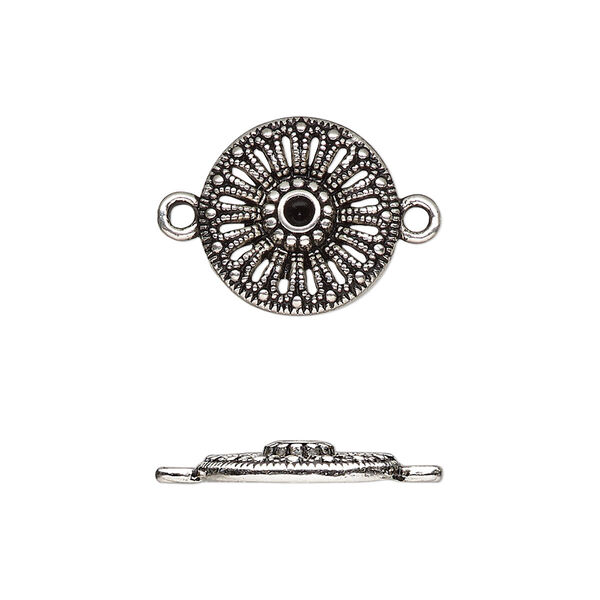 Link, antique silver-finished "pewter" (zinc-based alloy), 15mm single-sided round with cutout flower and beaded design. Sold per pkg of 20. image number 0