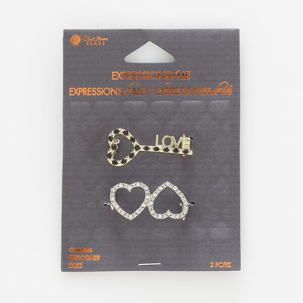 Slide, silver- / gold-finished "pewter" (zinc-based alloy) / steel / glass, black and clear, 33x15mm heart key with "LOVE" and 31x15mm open double heart. Sold per pkg of 2. image number 0