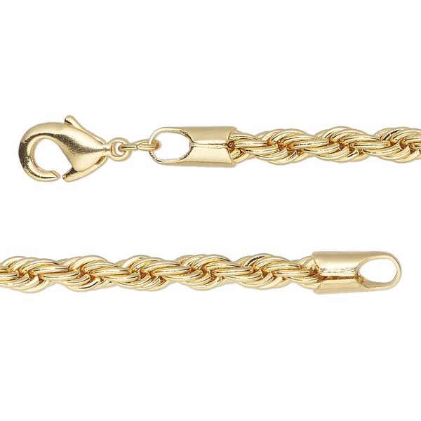 Chain, gold-finished brass, 4mm rope, 16 inches with lobster claw clasp. Sold individually. image number 0