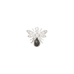 Charm 1pkg1, sterling silver and cubic zirconia, clear and black, 12x11mm single-sided bee with faceted stones.