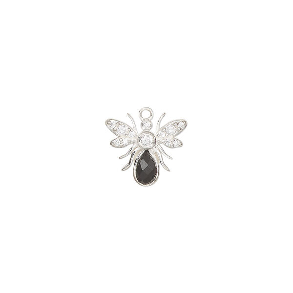 Charm 1pkg1, sterling silver and cubic zirconia, clear and black, 12x11mm single-sided bee with faceted stones. image number 0
