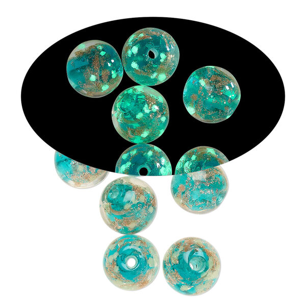 Bead, lampworked glass, clear / teal / glow-in-the-dark / gold, 8mm round. Sold per pkg of 6. image number 0