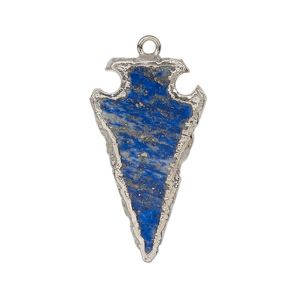 Focal, lapis lazuli (natural) / electroplated silver / silver-plated sterling silver, 30x15mm hand-cut arrowhead. Sold individually. image number 0