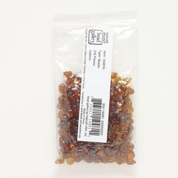 Bead, glass, translucent honey, 9x6mm top-drilled teardrop. Sold per pkg of 216. image number 0