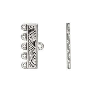 End bar, antique silver-finished "pewter" (zinc-based alloy), 21x5mm fancy rectangle, 5-strand. Sold per pkg of 10.