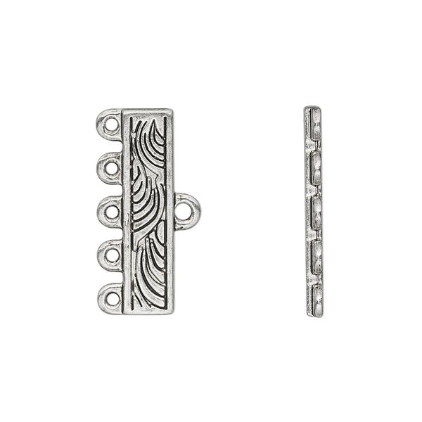 End bar, antique silver-finished "pewter" (zinc-based alloy), 21x5mm fancy rectangle, 5-strand. Sold per pkg of 10. image number 0