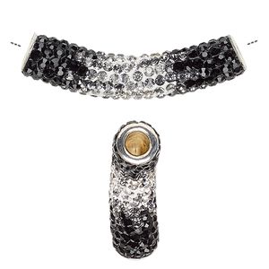 Bead, Dione®, resin / glass rhinestone / silver-plated brass, black / grey / clear, 47x9mm curved tube, 4mm hole. Sold individually.