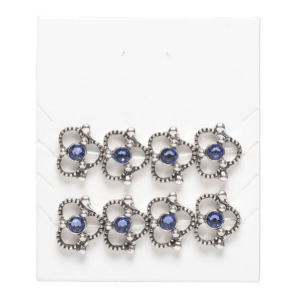 Bead, "pewter" (zinc-based alloy) and glass, pkg/8, 14mm pinched triangle with cutout design, antique silver finish and purple. image number 0